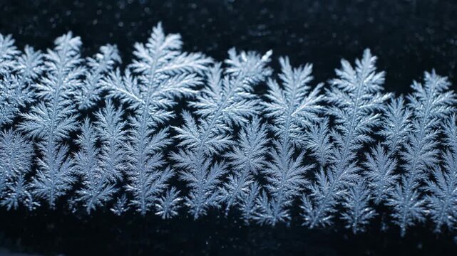 Close-up macro view of intricate snowflake crystals forming a sharp, icy border or decoration on a dark surface, symbolizing winter and cold temperatures.