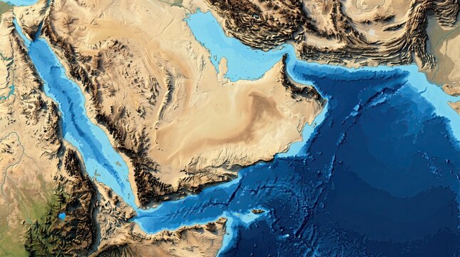 3D bathymetric physical map of Middle East theater of operations showing Persian Gulf and Red Sea terrain