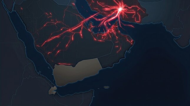 Digital cyber attack network map illustrating targeted military strikes and cyber warfare grid in Middle East