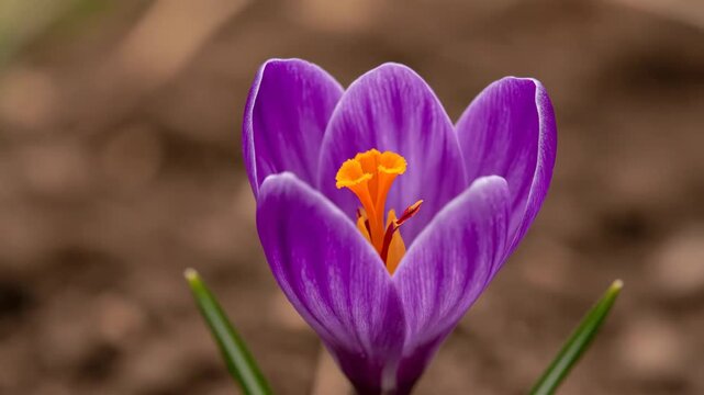 Close-up of a blooming purple crocus flower with vibrant orange stamen, emerging from the soil in spring.