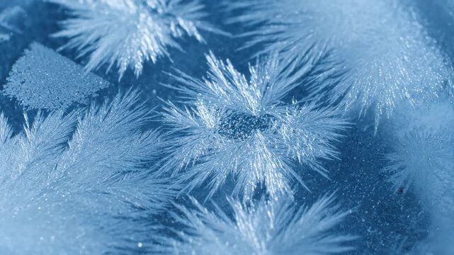 Intricate macro shot of deep blue frost crystals forming beautiful feathery patterns on a winter glass surface, highlighting cold weather and seasonal texture.