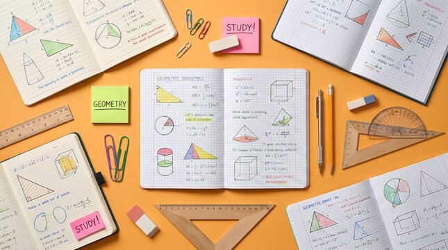 Top view of math homework with geometry tools and notes. Student study session featuring protractor, ruler, and colorful sticky tabs on graph paper.