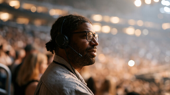 A concert security coordinator in a headset surveys the dense crowd from an elevated platform during a sold-out arena show, stage lighting flooding the scene, event management,