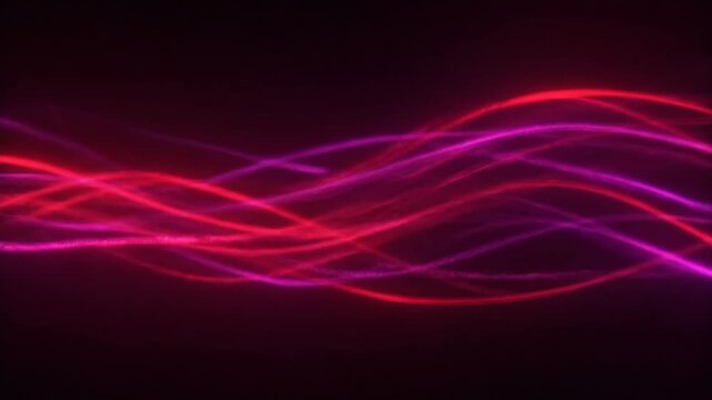 Abstract Digital Data Flow. Glowing red and pink wavy lines move dynamically on a dark background, representing technology, communication, internet bandwidth, and energy streams.