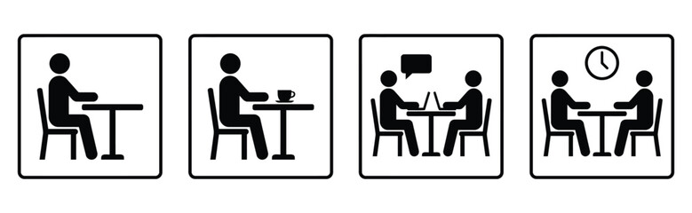 Fototapeta premium People sitting at tables working and meeting icons