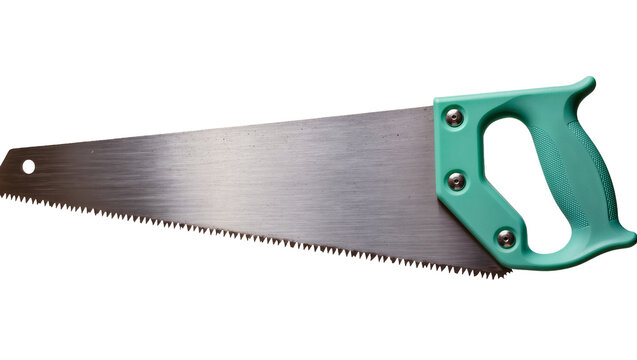 Isolated classic hand saw featuring a bright green ergonomic handle and finely sharpened metal blade