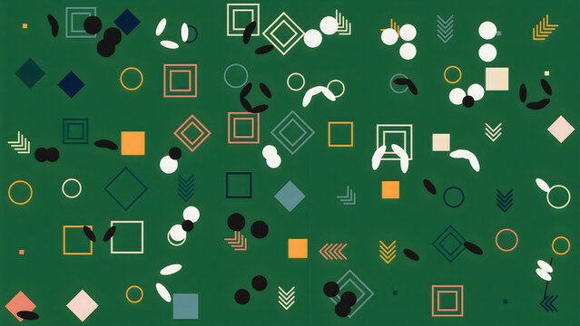 Abstract geometric pattern with colorful shapes and thin lines on a dark green background
