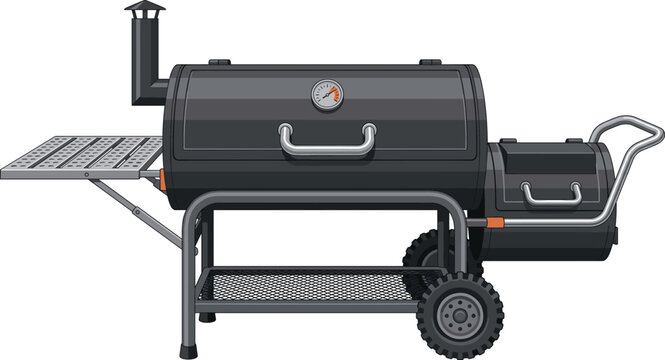 Outdoor Barrel Charcoal Smoker Grill Vector Illustration with Offset Firebox BBQ Cooker and Portable Barbecue Equipment