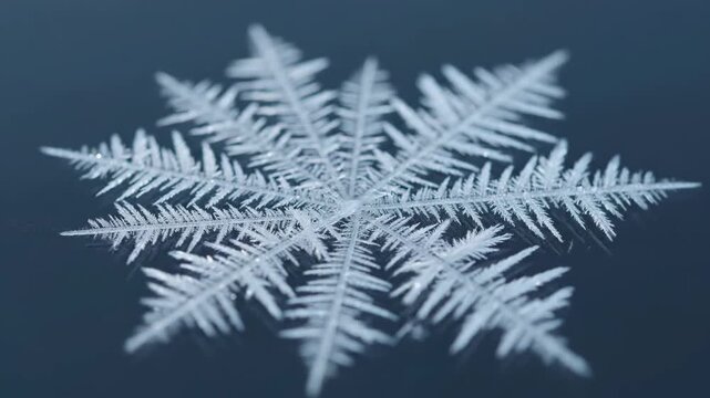 Detailed macro shot of a fragile natural snowflake crystal resting on a dark reflective surface. Scientific micrograph capturing the intricate structure and geometry of ice.