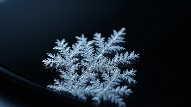Extreme close-up of a perfectly formed dendrite snowflake crystal resting on a reflective black background, highlighting the fragility and detailed structure of winter ice.