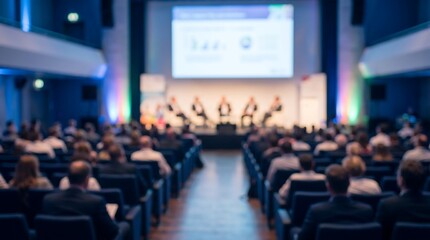 Naklejka premium Audience viewing business presentation on stage in large dark convention hall with soft blue and green accent lighting during corporate seminar event with blurred attendees in front rows