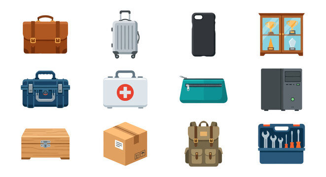 Set of diverse containers and bags including briefcase, suitcase and tools