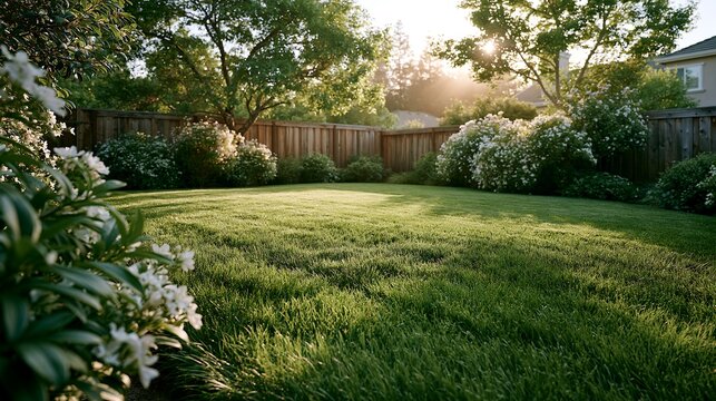 Lush green lawn in a landscaped backyard during golden hour. Concept of drought resistant grass, heat recovery, healthy turf, sustainable landscaping, lawn care and residential garden