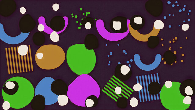 Abstract geometric shapes and colorful circles pattern on a dark background