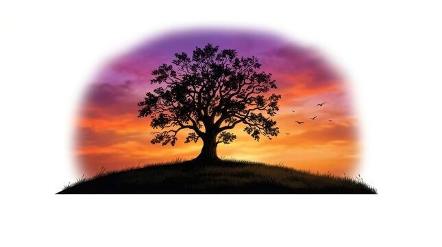 Beautiful single tree silhouette standing on a grassy hill against a colorful bright sunset sky with orange and purple