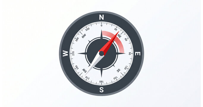 Modern navigation compass pointing northeast on white background