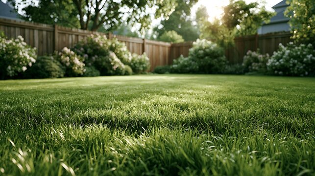 Dense green lawn in a landscaped backyard after summer heat. Concept of drought resistant turf, healthy grass recovery, sustainable lawn care and resilient residential landscaping