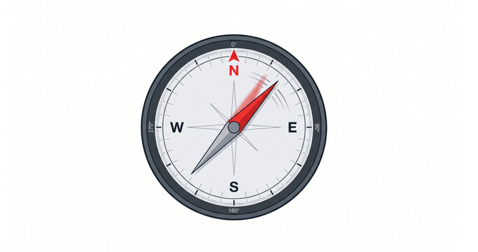 Modern compass with a moving red needle isolated on white