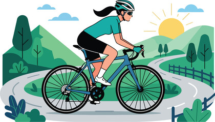 Fototapeta premium Active Woman Cyclist Riding Bicycle on Winding Road through Green Hilly Landscape