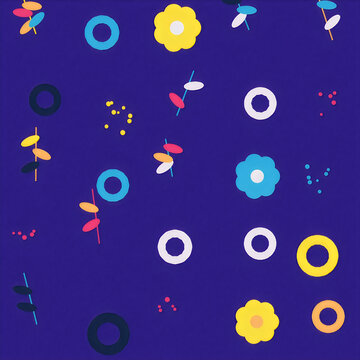 Seamless pattern with colorful flowers and circles on a dark blue background