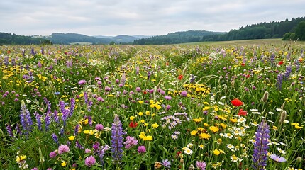 Obraz premium Scenic summer meadow filled with vibrant wildflowers and rolling hills