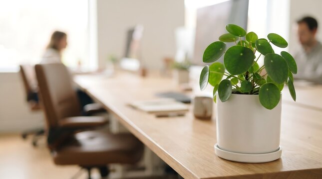 Modern office interior featuring Pilea peperomioides plant in white pot on wooden desk with blurred coworkers working in background during business day in professional workspace