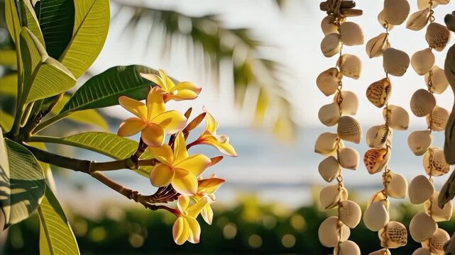Yellow plumeria flowers with seashell curtain and beach background