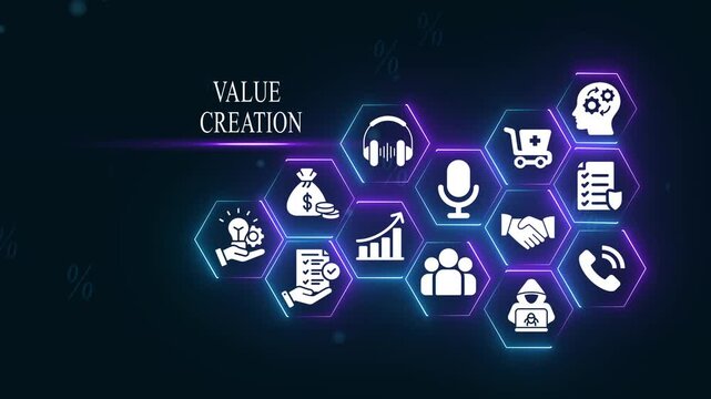 Value creation concept with glowing hexagon business growth and digital strategy infographic animation for corporate presentations