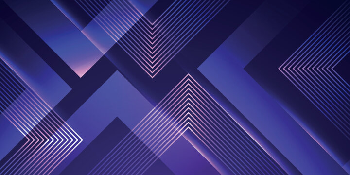 Abstract techno background with geometric layers and glowing arrow style line decoration. Futuristic design with purple noen striped pattern and modern element cutout effect. VOL. 2