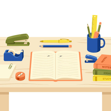 Study desk with school supplies and books.