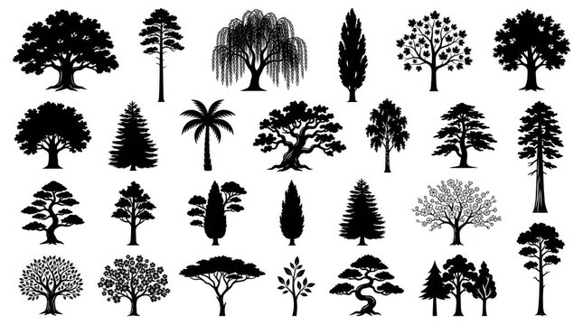 Set of black tree silhouettes including oak willow palm pine and cedar isolated on a clean white background design
