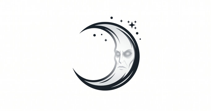 Stylized crescent moon with face and stars on white background