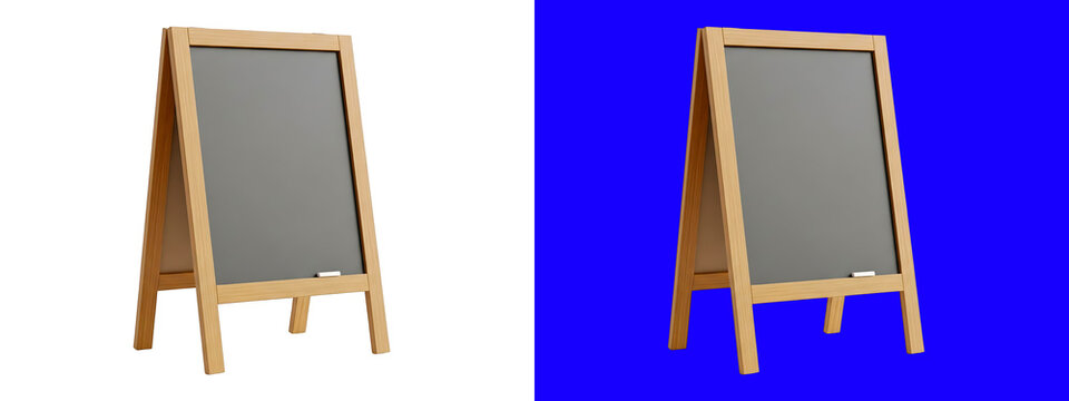 A wooden a-frame chalkboard sign standing on a white background, featuring a dark blank surface for writing messages or advertising isolated on a transparent background