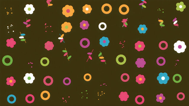 Colorful flat flower icons and circular shapes pattern on dark green background