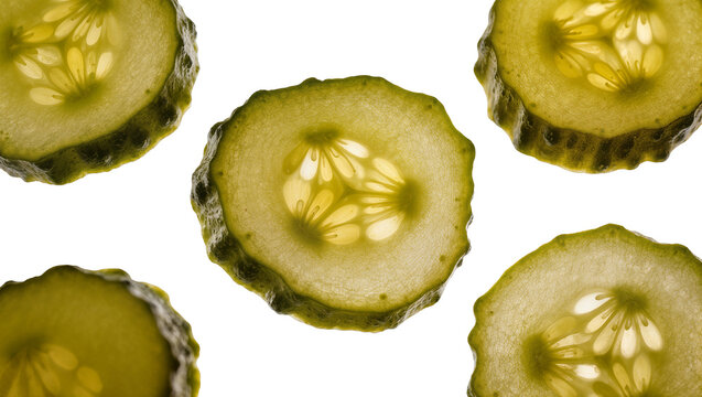 Isolated translucent green pickled cucumber slices showing seeds and vibrant texture