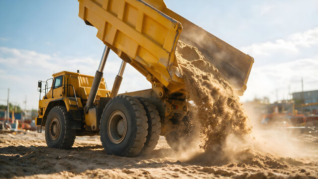Heavy yellow dump truck dumping sand at a dusty construction site under bright blue sky