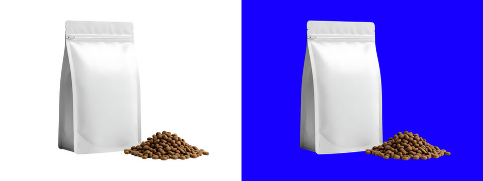 A white stand up pouch with a clear window, filled with brown dry pet food kibble, isolated on a white background, for packaging mockup isolated on a transparent background