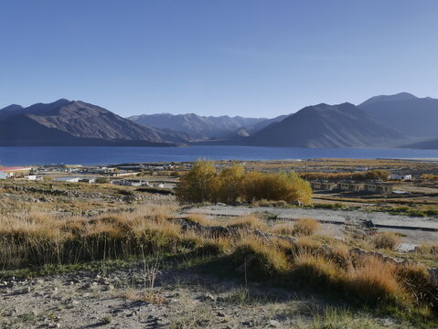 Pangong tso lake view from Man village in Ladakh in fall season. Scenic himalayan landscape with mountain lake