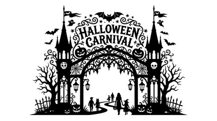 Obraz premium Halloween carnival text design with spooky gate and bats