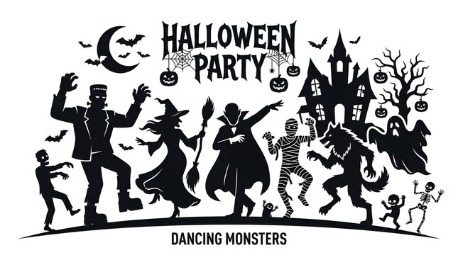 Halloween party with dancing monsters and spooky characters