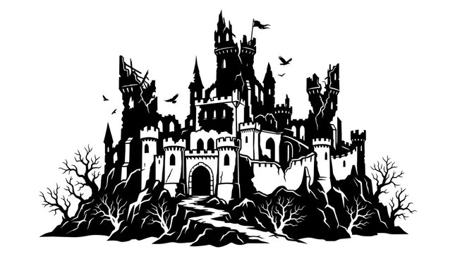 Black and white silhouette illustration of a spooky old castle
