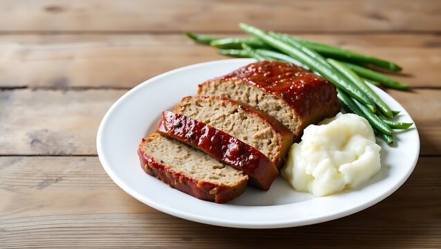 Juicy meatloaf sliced on a white ceramic plate with mashed potatoes and steamed green beans, rustic wooden table background, soft natural lighting