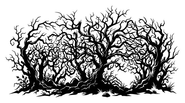 Black silhouette of scary bare trees in a dark forest