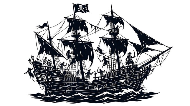 Spooky ghost pirate ship sailing on rough ocean waves