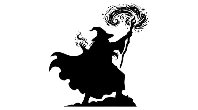 Silhouette of a wizard casting magic spell with a staff