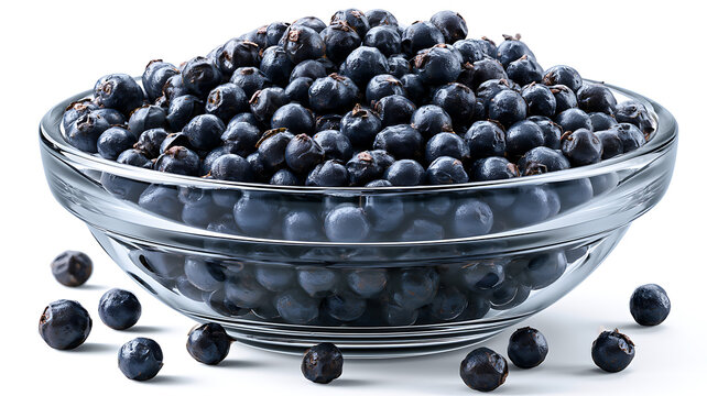 Glass bowl full of dried juniper berries isolated on white background