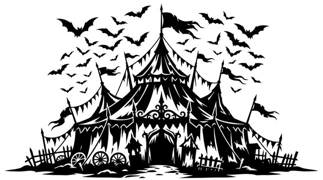 Spooky circus tent with flying bats at night