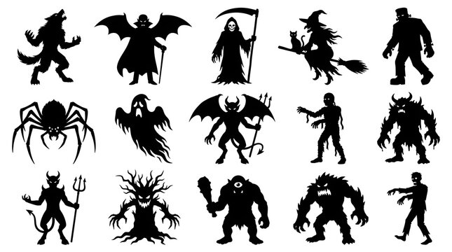 Set of halloween monster and creepy creature silhouettes