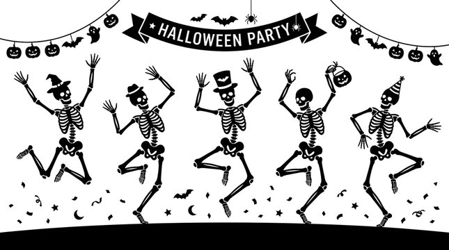Group of dancing skeletons celebrating a halloween party