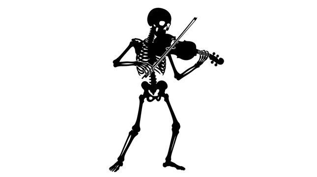Black silhouette of a skeleton playing a violin